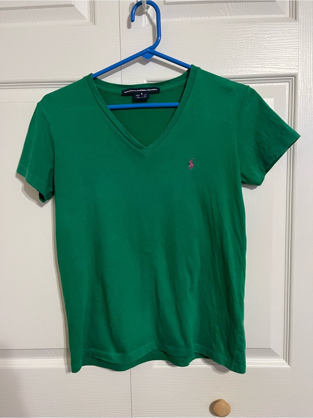 Ralph Lauren Green V‑Neck Short Sleeve Tee with Pink Pony